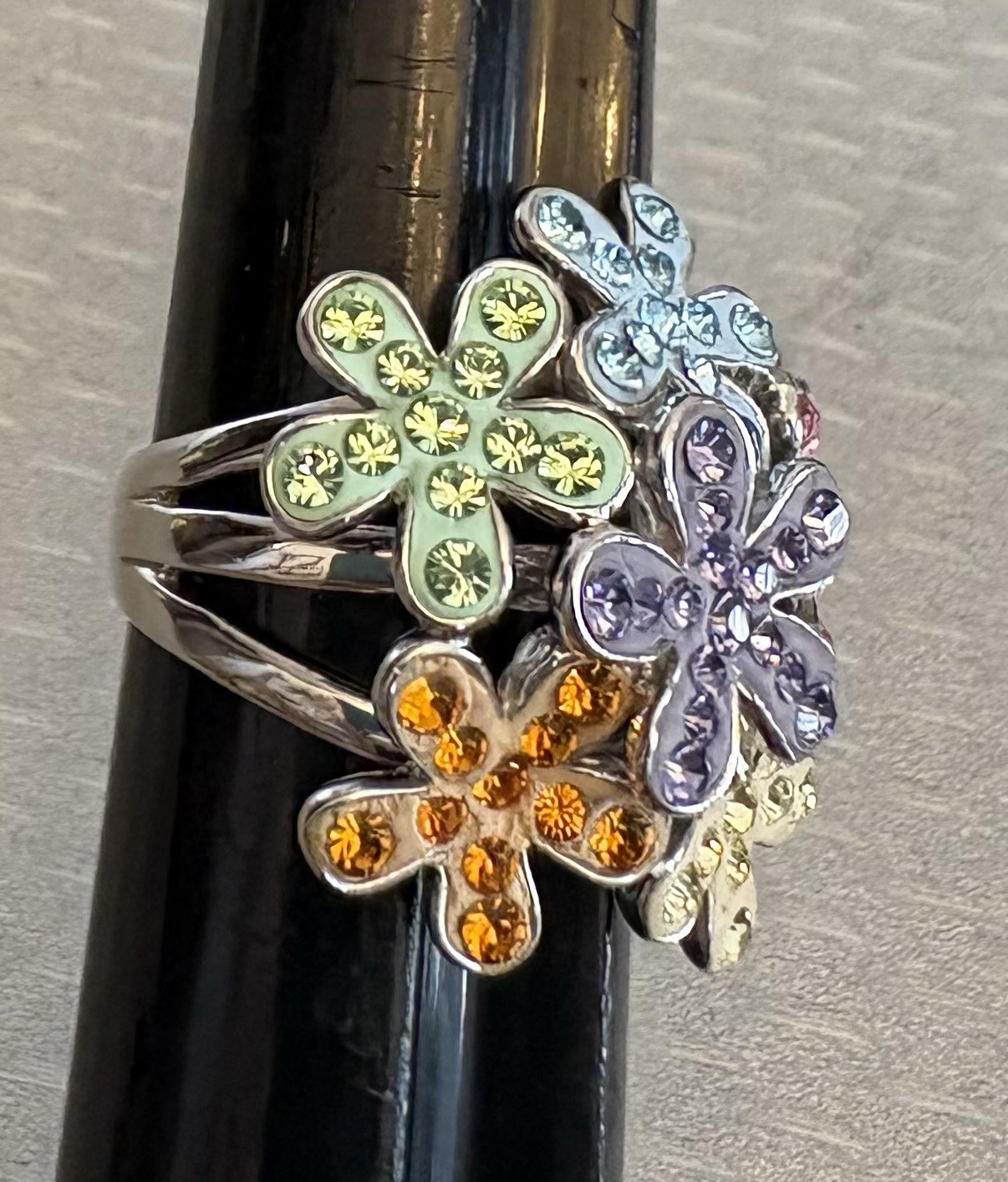 Dramatic Sterling Silver Multi Color Gem Enamel Flower Bouquet Ring 925 size 9.5