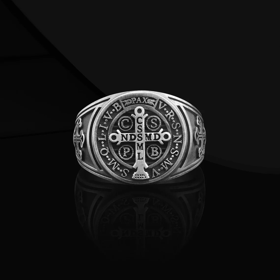 Saint Benedict Signet Ring 925 Sterling Silver Oxidized Ring Duty Free