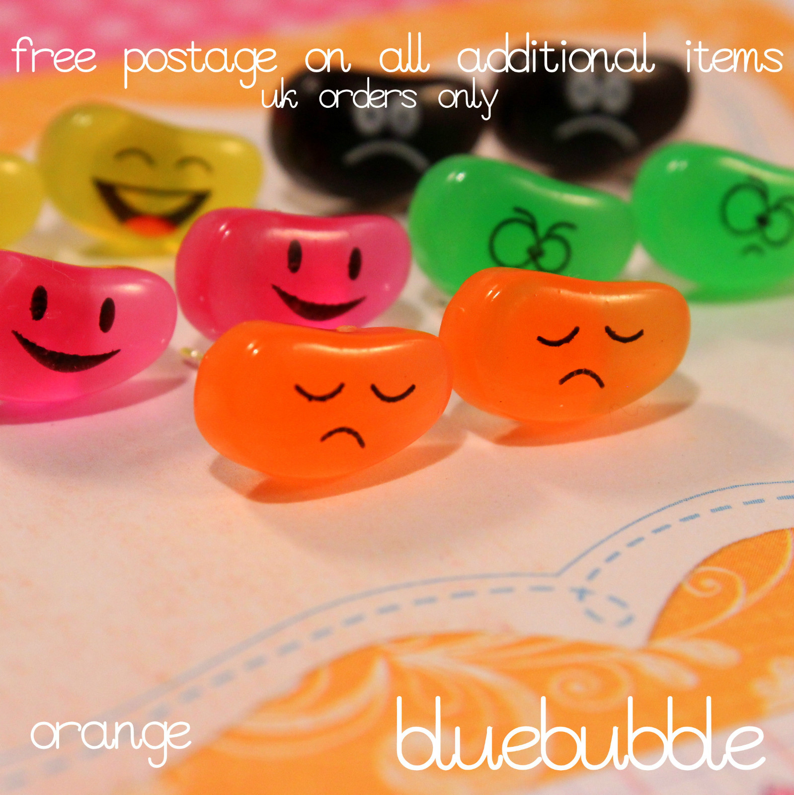 FUNKY JELLY BEAN FACE STUD EARRINGS KITSCH CUTE SWEET KAWAII CANDY JUNK FOOD EMO