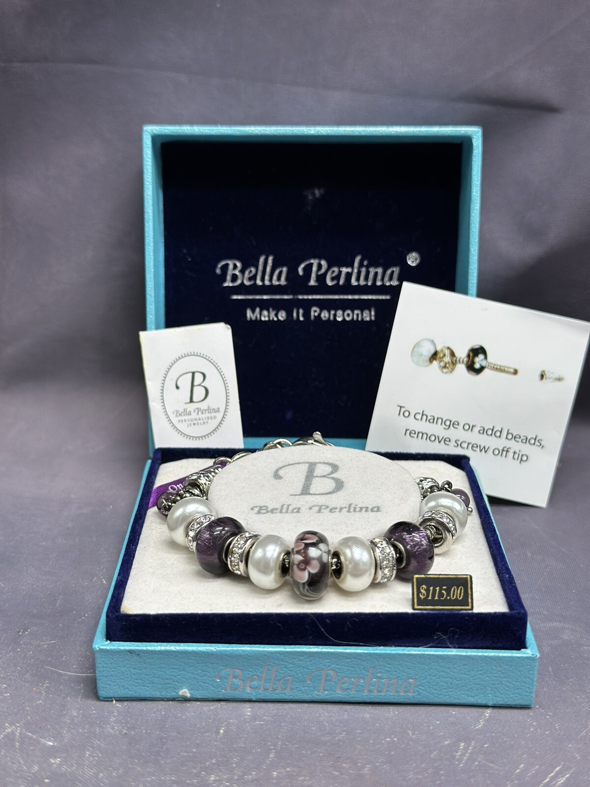 Bella Perlina Charm Bracelet Shades Of Purple / Silver Color One Size Adjustable