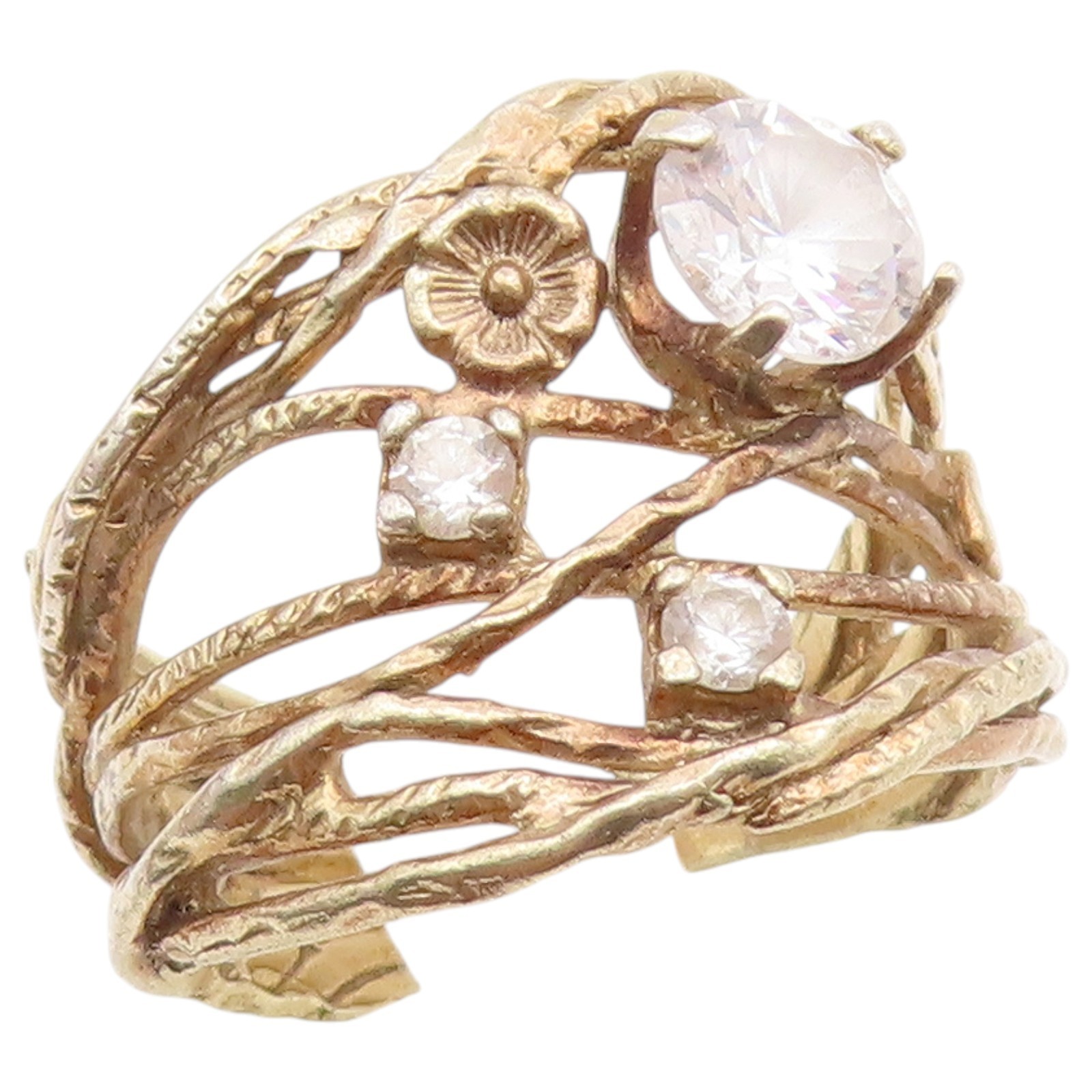 925 Sterling Silver Vintage Ring ISRAEL CZ Vine & Flower Band Sz 7 RG36879