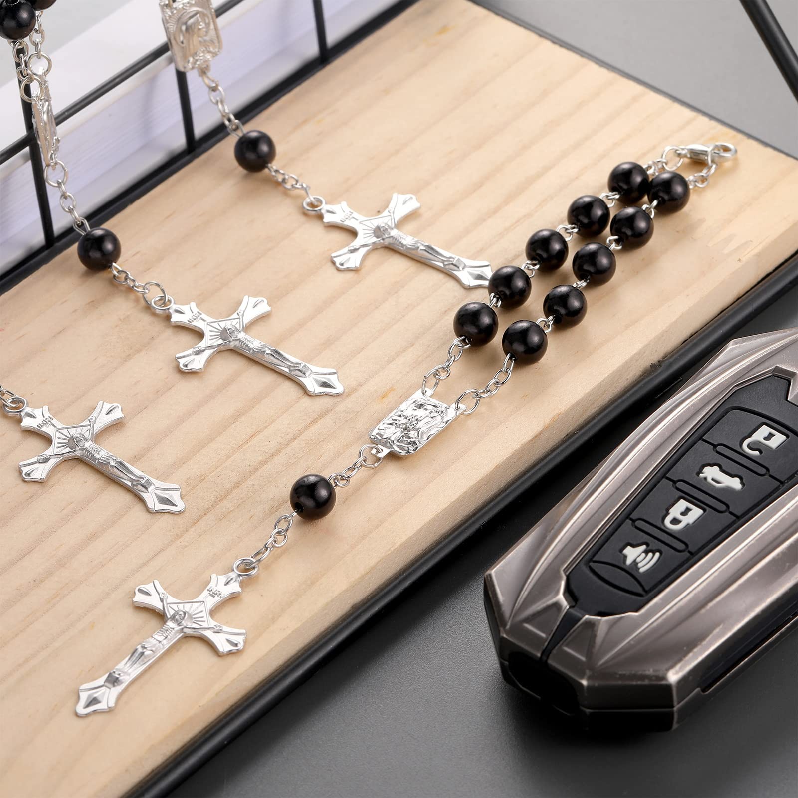 4 Pieces Auto Rosary for Rearview Mirror Pearl Glass Beads Catholic Bracelet