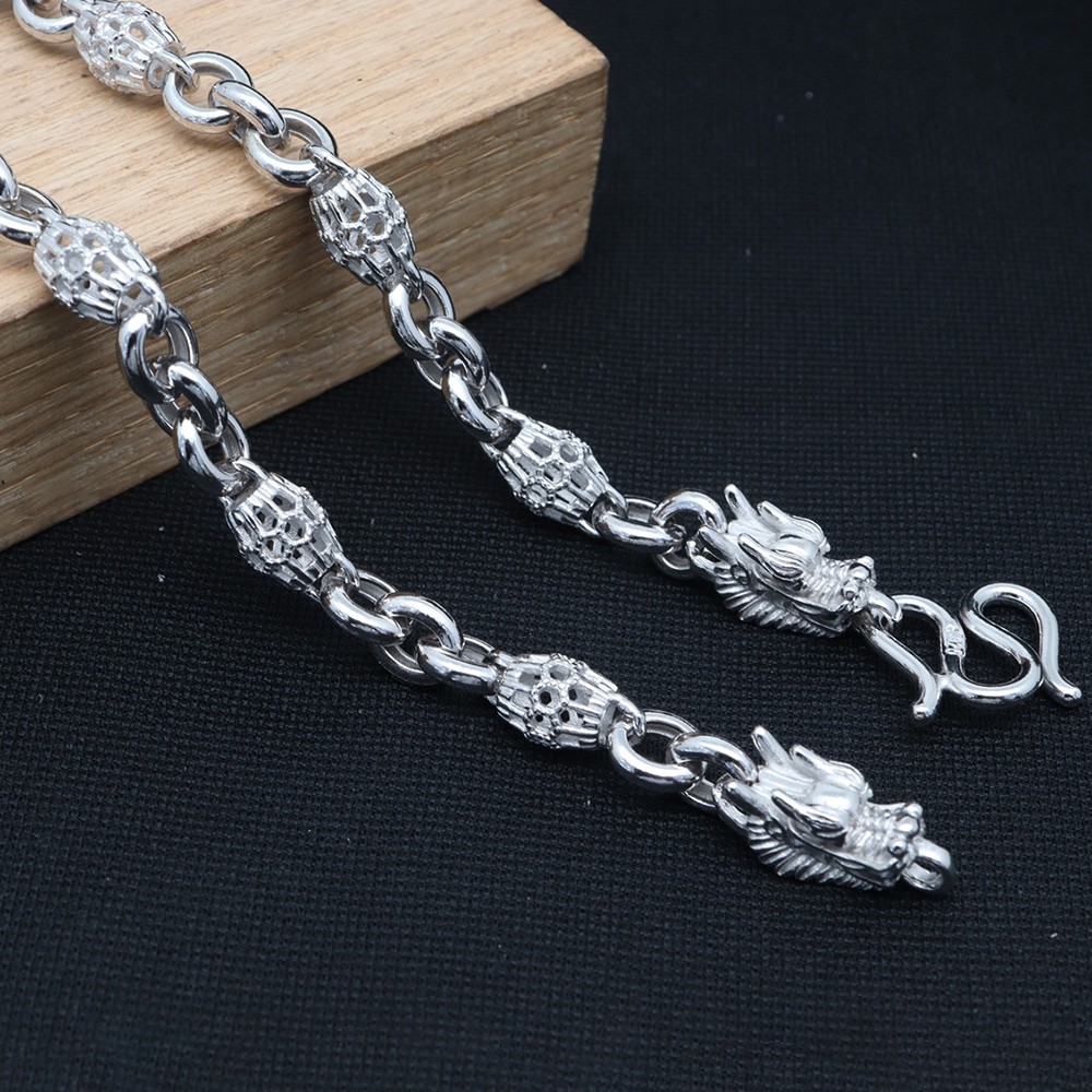 Pure S925 Sterling Silver Chain 6mm Barrel Beads Link Necklace 44-45g 21.6inch