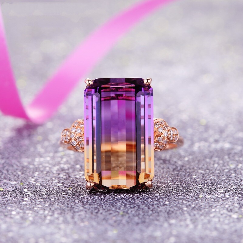 New Flower Style Rainbow Bi Color Tourmaline Gems Rose Gold Women Ring Size 6-9