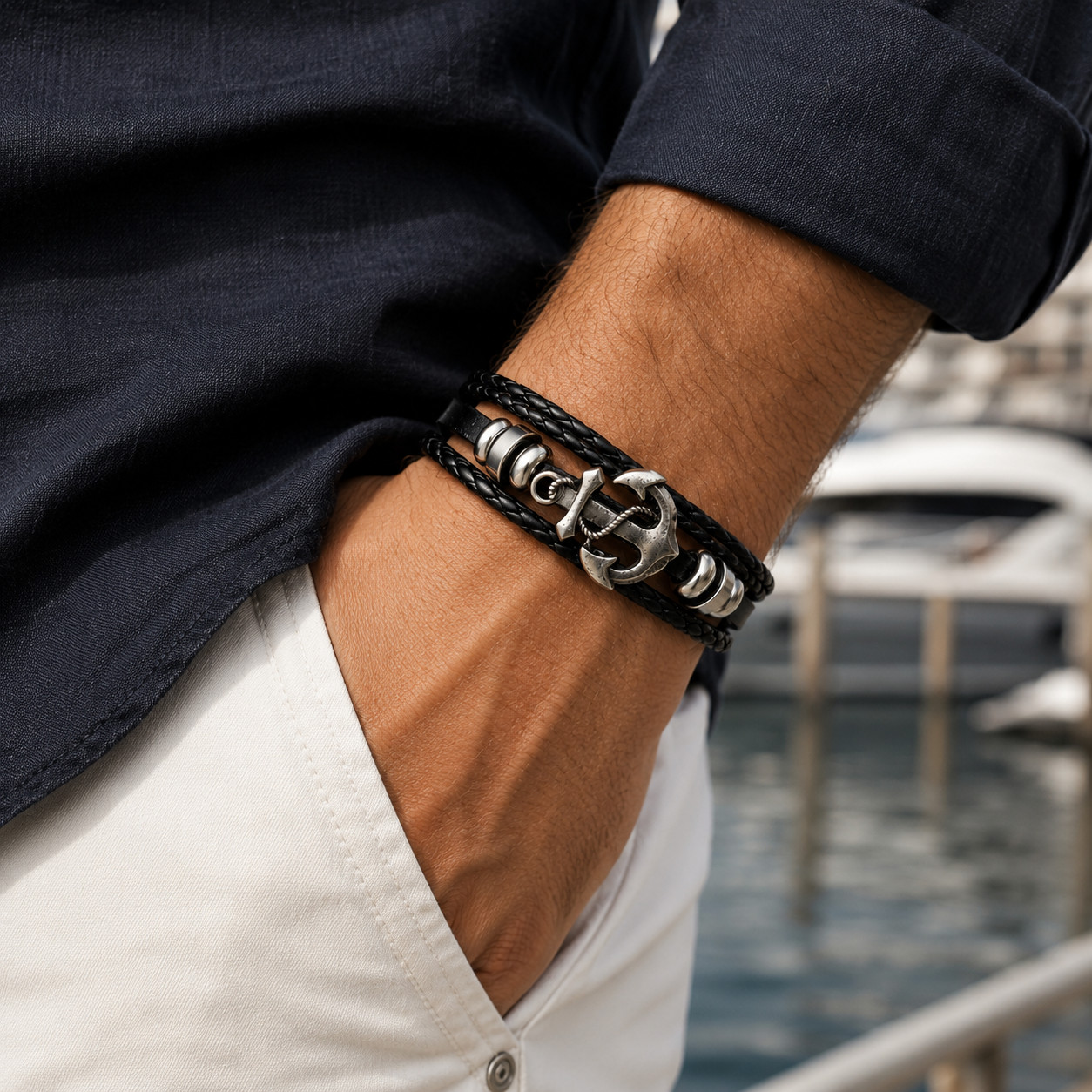 Anchor Leather Bracelet Black Braided Nautical Rope Stainless Steel Wristband Gi