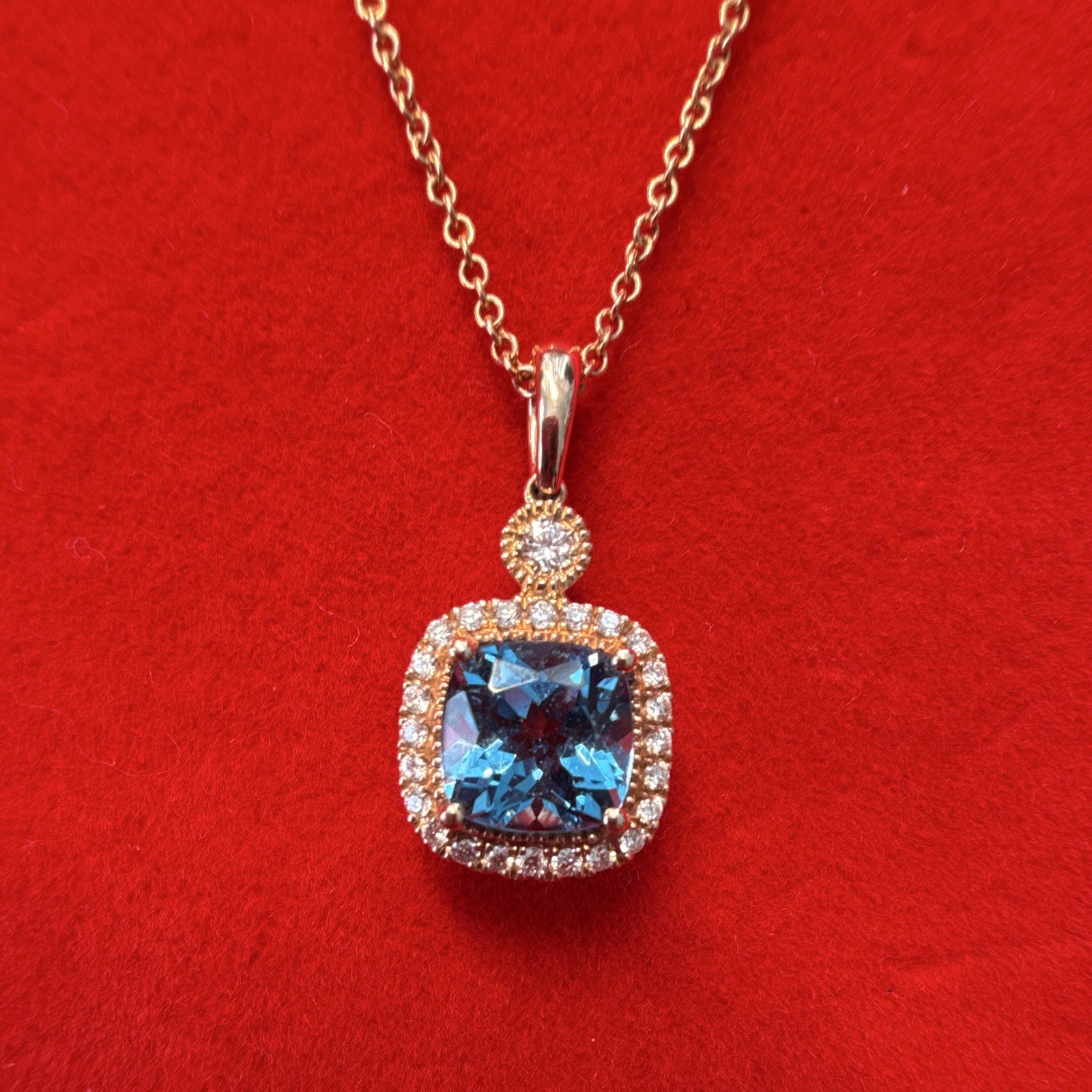 Blue Topaz, 24 Diamonds Gold 14K Cable Chain Necklace RCI ,Square Charm Pendant
