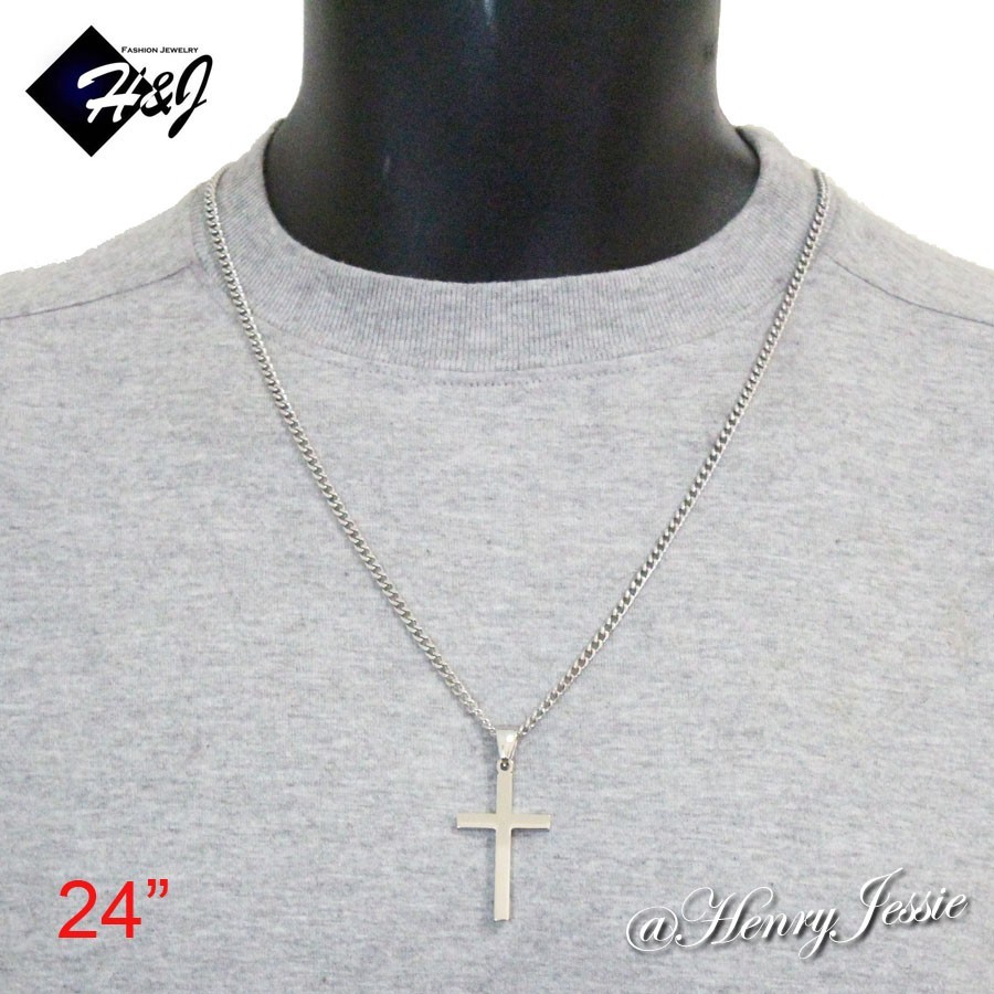 18-36″Stainless Steel 3mm Silver Cuban Curb Chain Necklace Plain Cross Pendant*P