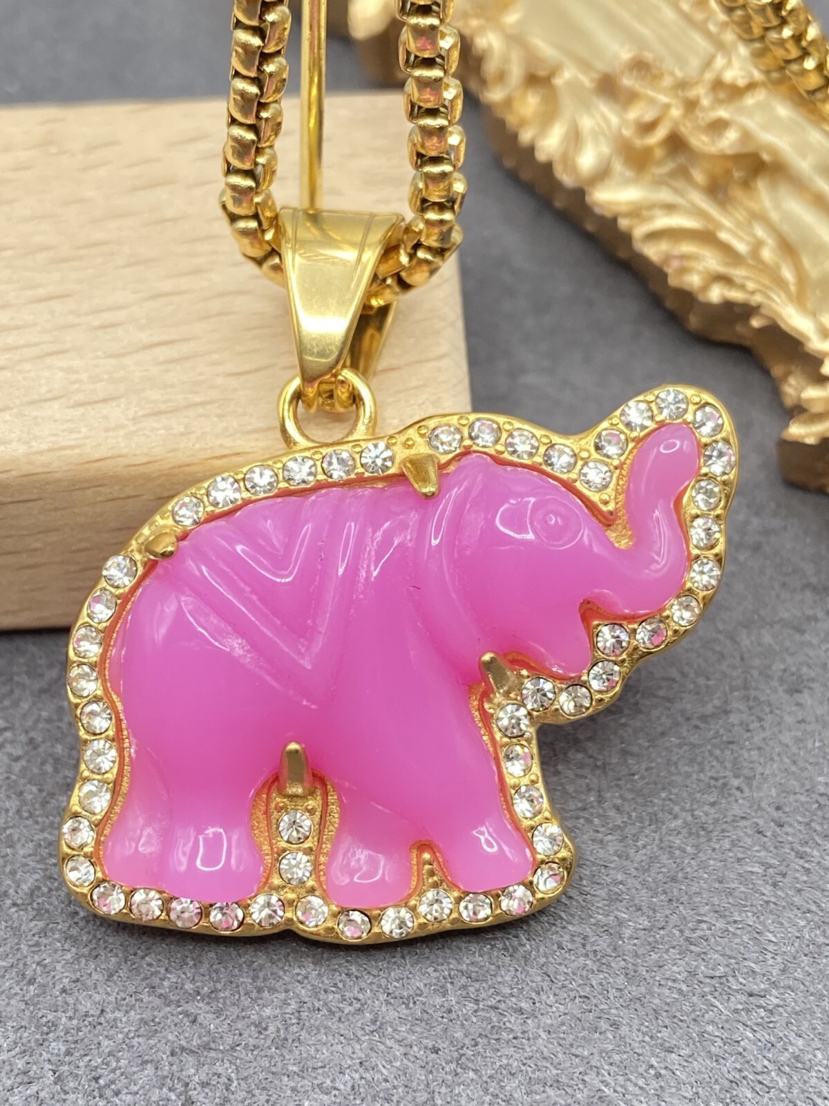 Elephant Pendant Necklace W/ 18K Gold Plated Crystal Charm Hip Hop Chain Jewelry