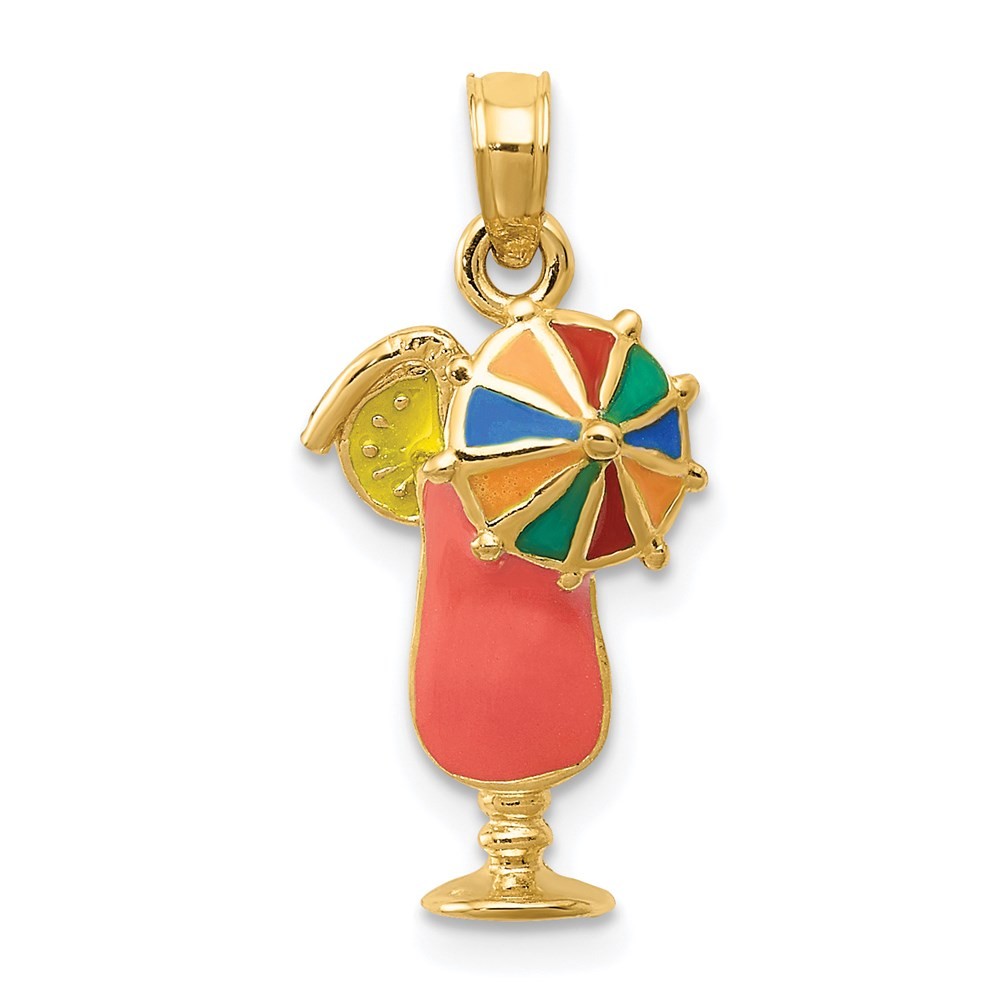 14k Yellow Gold Pink Enameled Tropical Drink with Multi-Colored Umbrella Pendant