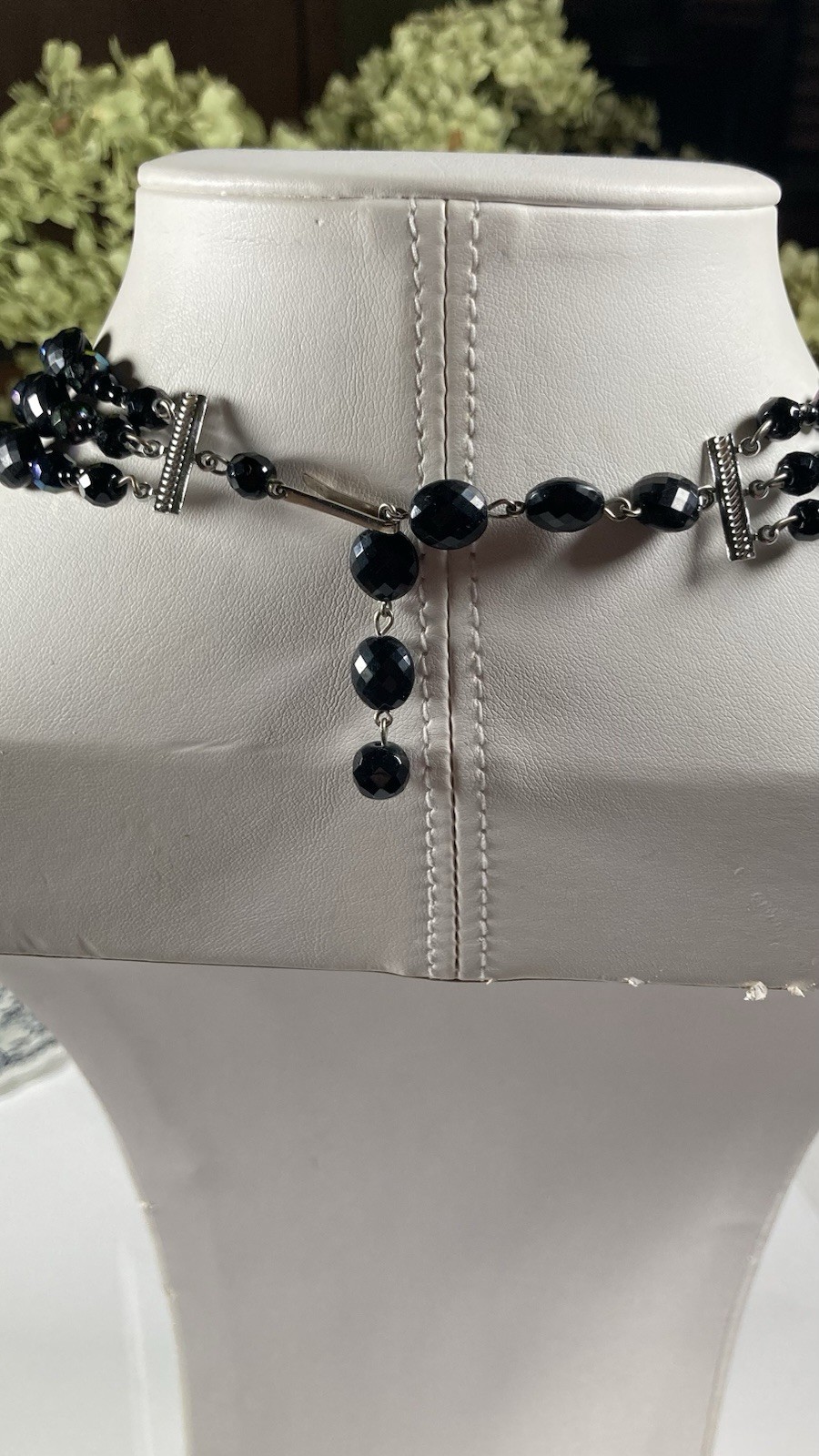 Vintage Black Multi-Strand Faceted Beaded Statement Necklace Adjustable Hook
