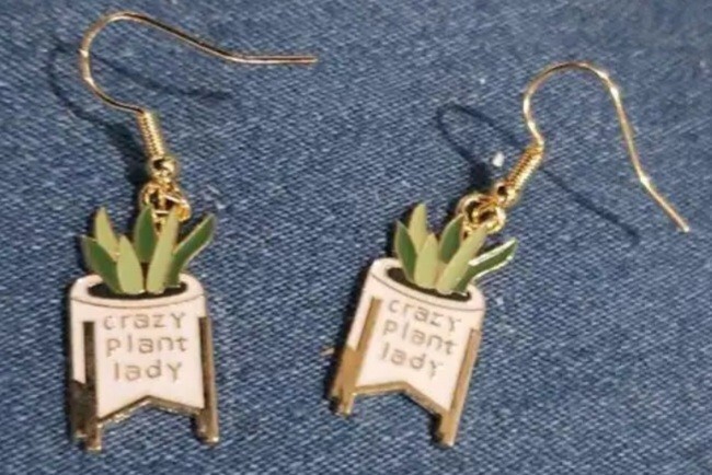 CRAZY PLANT LADY Earrings Unique Green And Gold Novelty Gift Potted Plant NEW