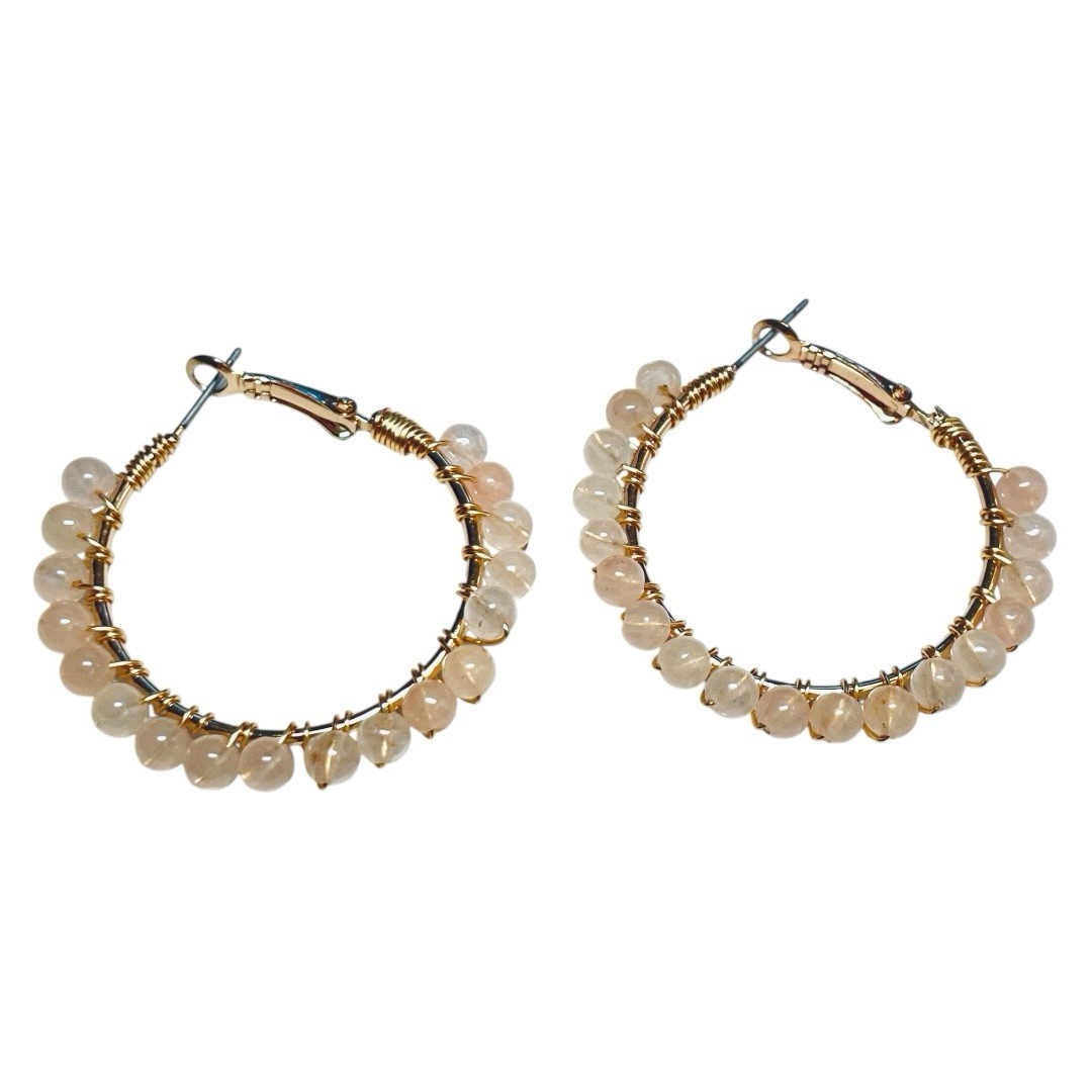 New Parfois Rose Quartz Stone Beaded Hoop Gold Earrings