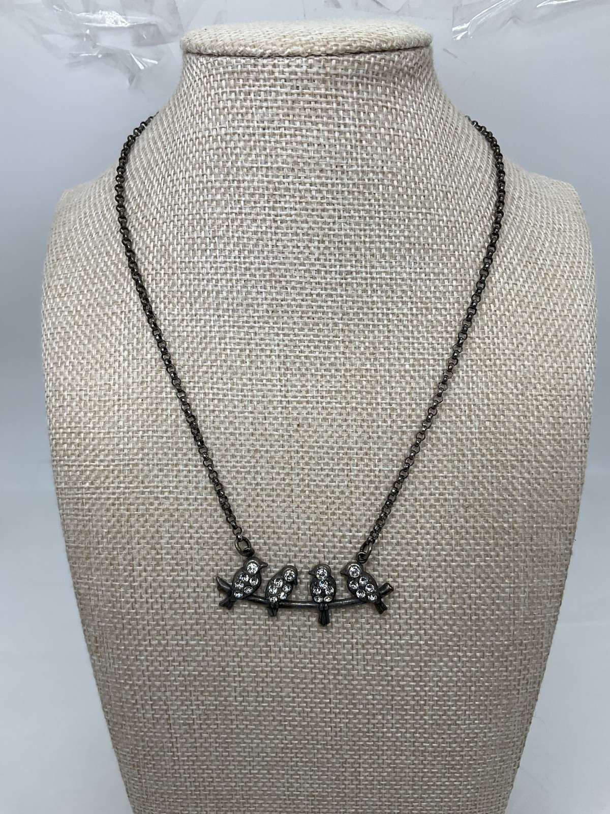 Catherine Popesco France Birds on a Branch Necklace Silver Tone Rhinestone 17″
