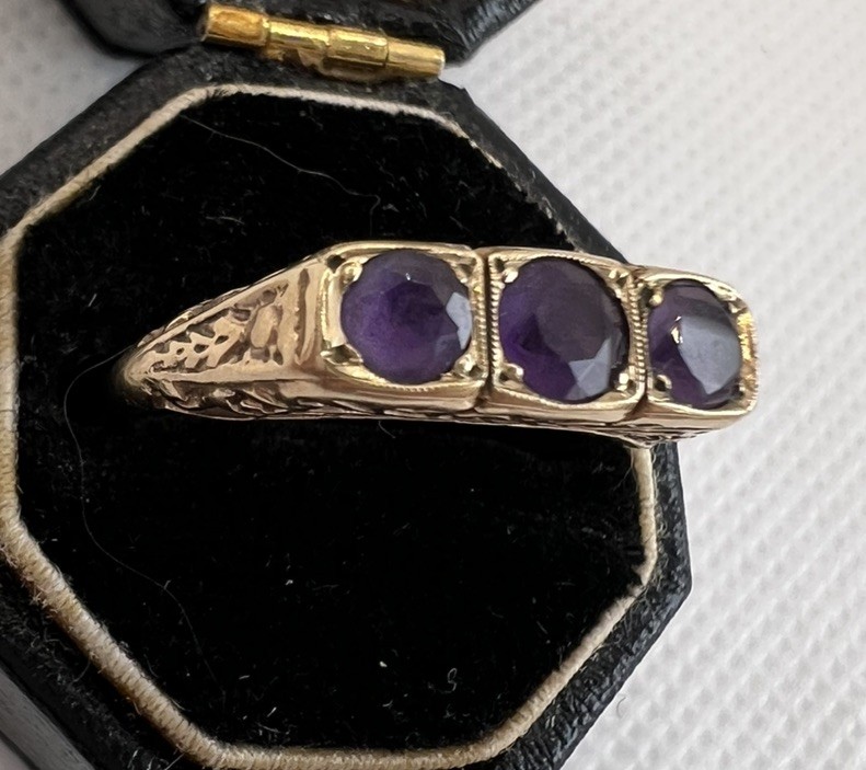 Vintage 9ct Gold Natural Amethyst Trilogy Half Hoop Ring Pierced Gallery; M 1/2