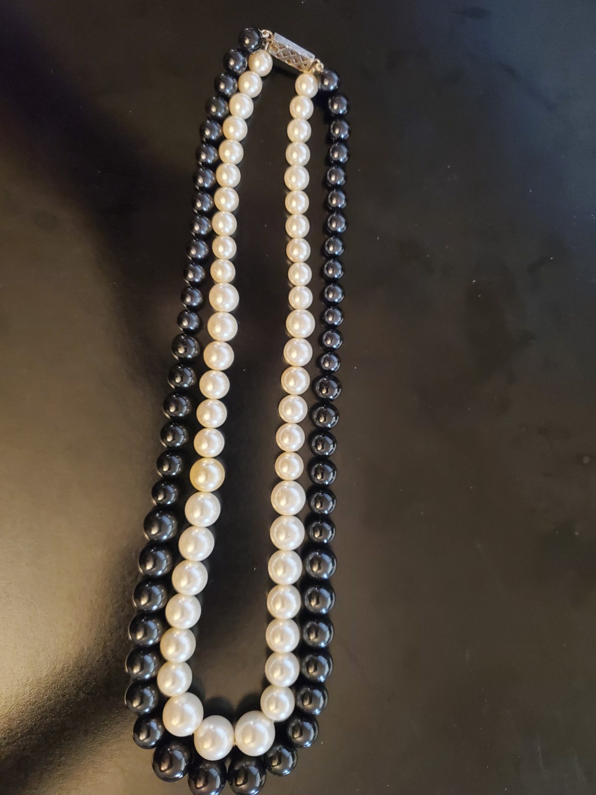 Vintage Classic Two-Strand Black & White Faux Pearl Statement Necklace – ~20″