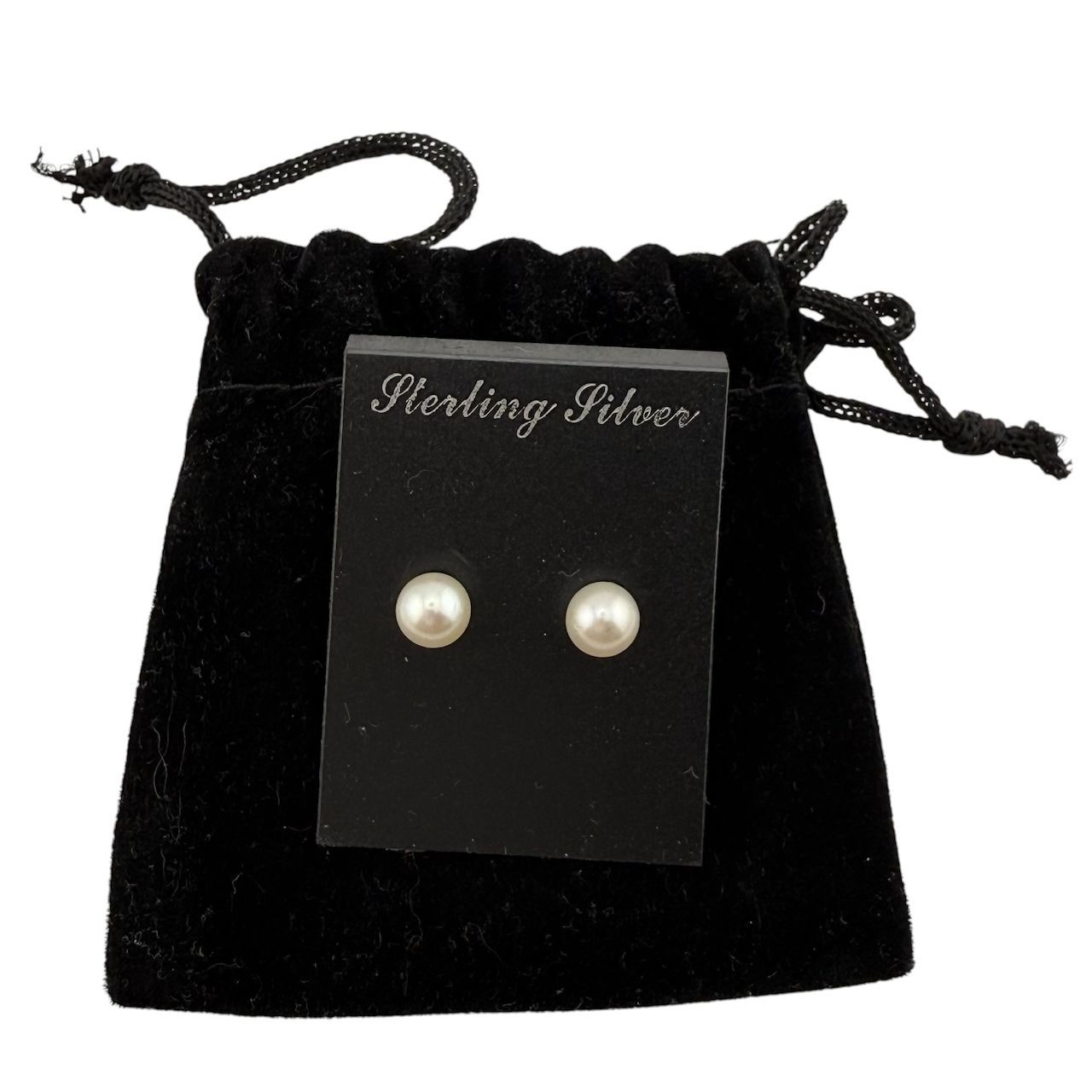 Sterling Silver Pearl Stud Earrings With Black Velvet Gift Pouch 5.67mm Diameter