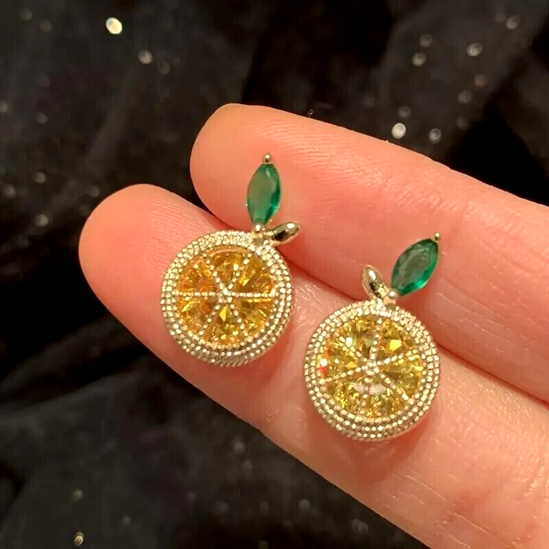 Stylish 18K Gold Plated Fruit Shiny Yellow Rhinestone Lemon Earrings Jewelry New