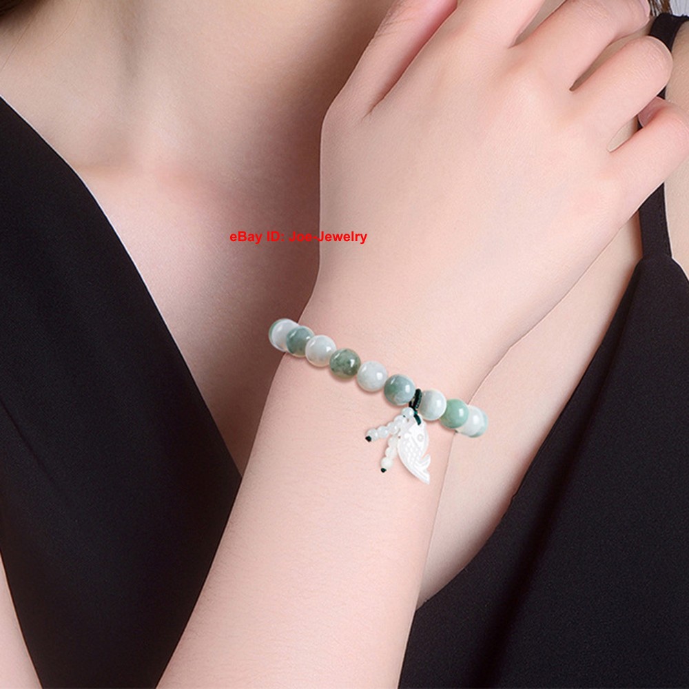 1pcs NEW Natural Grade A Jade 8.8mm Bead Women’s Bracelet Fish Charm 15-16cm