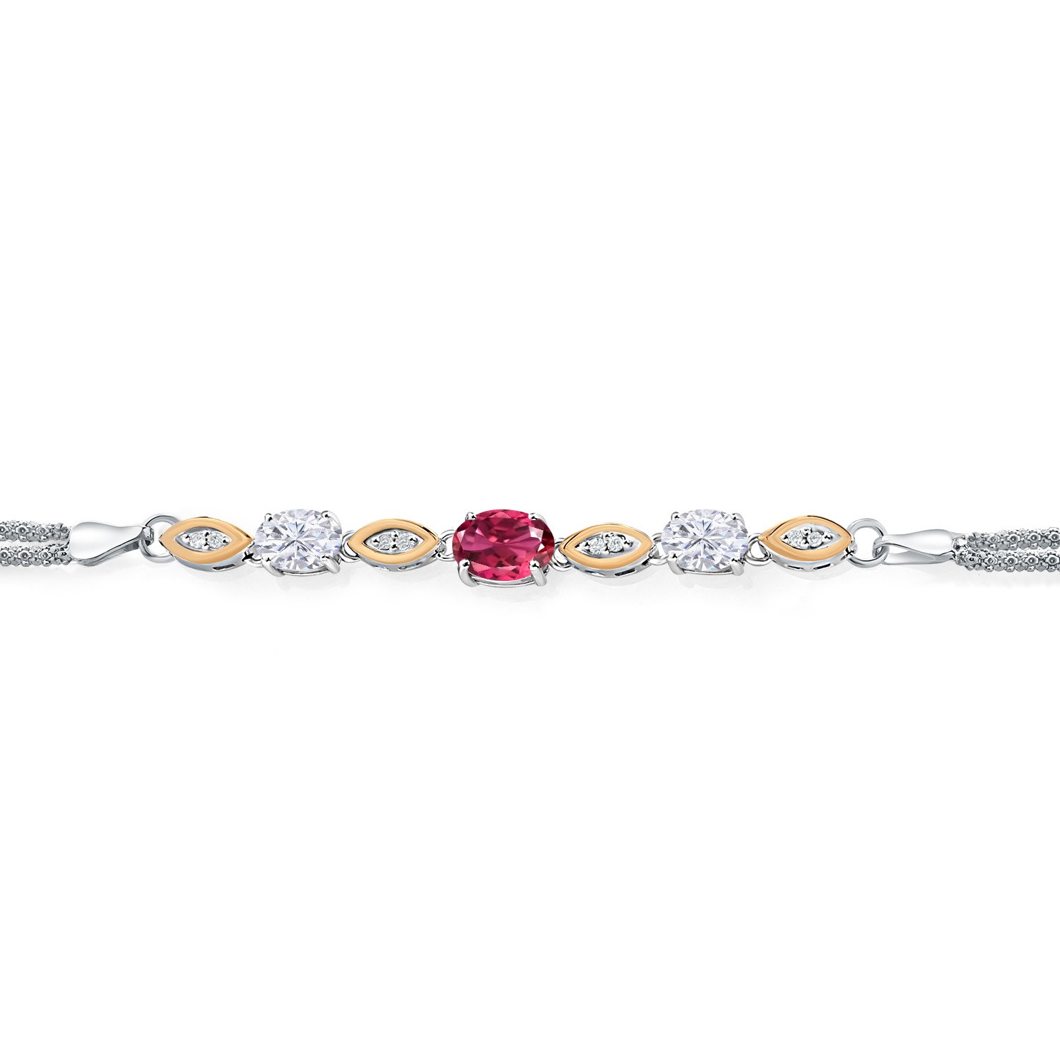 925 Silver and 10K Yellow Gold Pink Tourmaline and White Moissanite and White