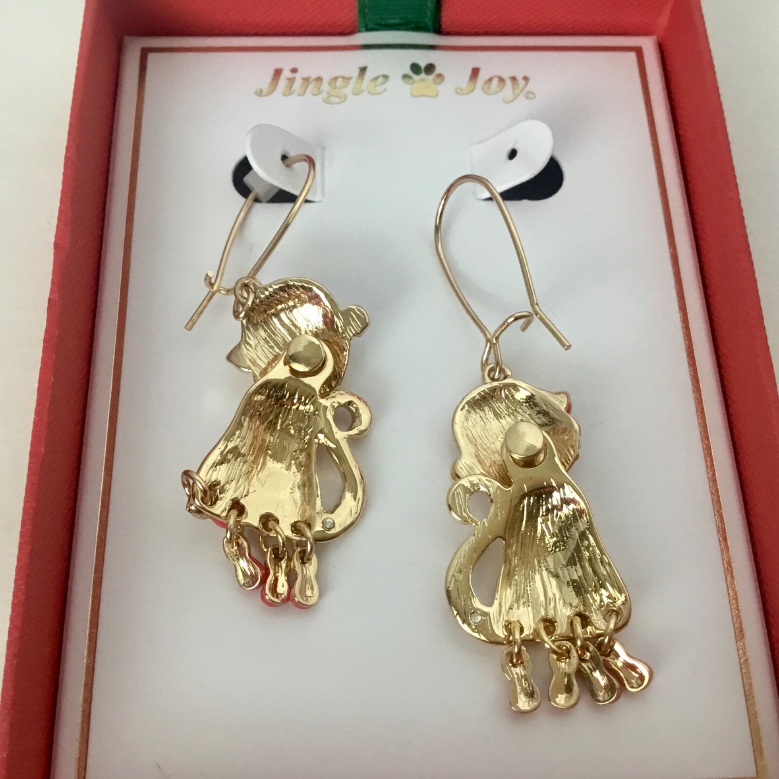 Jingle & Joy Christmas Kitty Cat With Santa Hat & Striped Tail Dangle Earrings