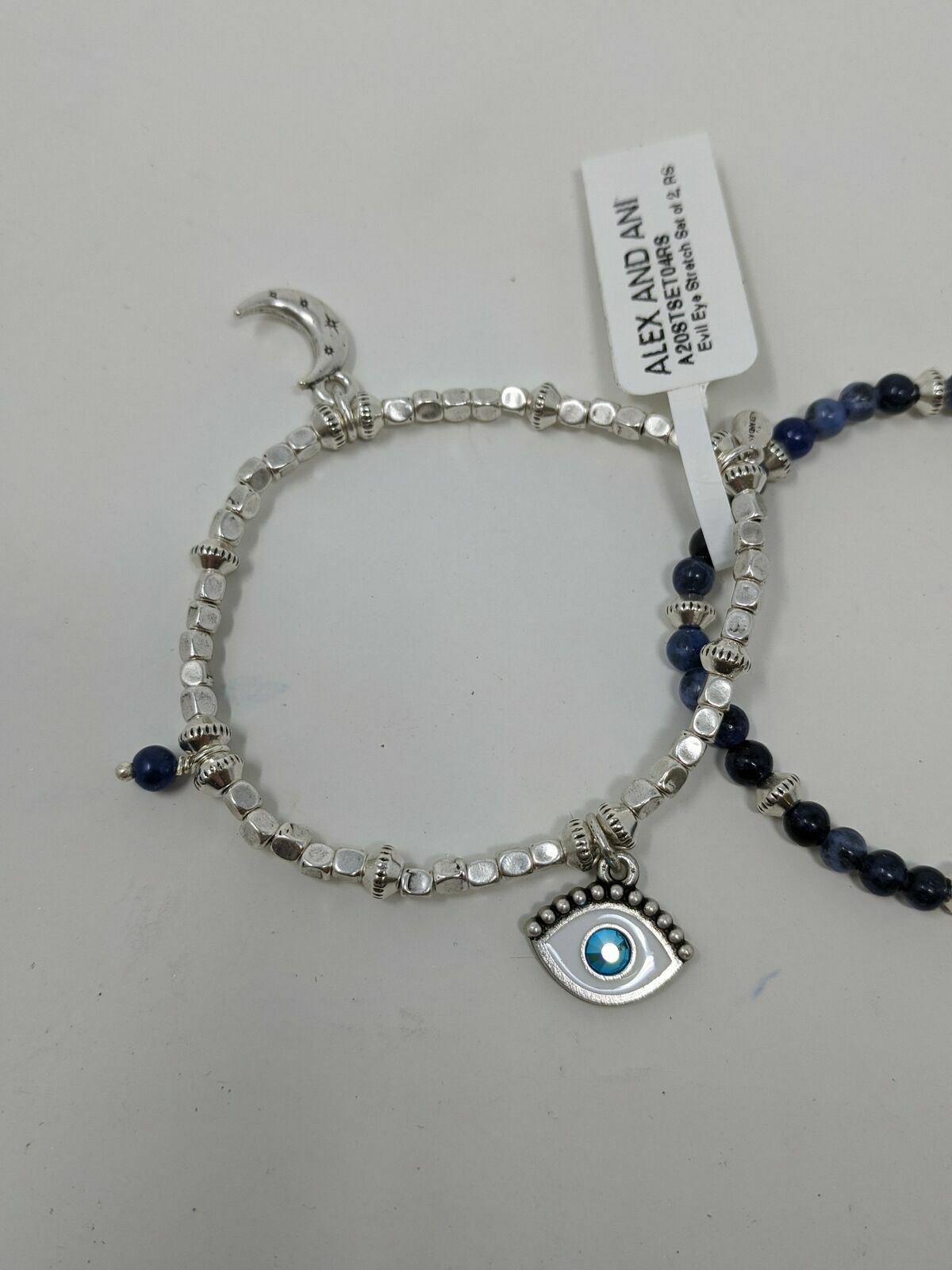 Alex & Ani Evil Eye Charm Beaded Stretch Bracelets, Women’s Size 6″-7.5″ -Silver