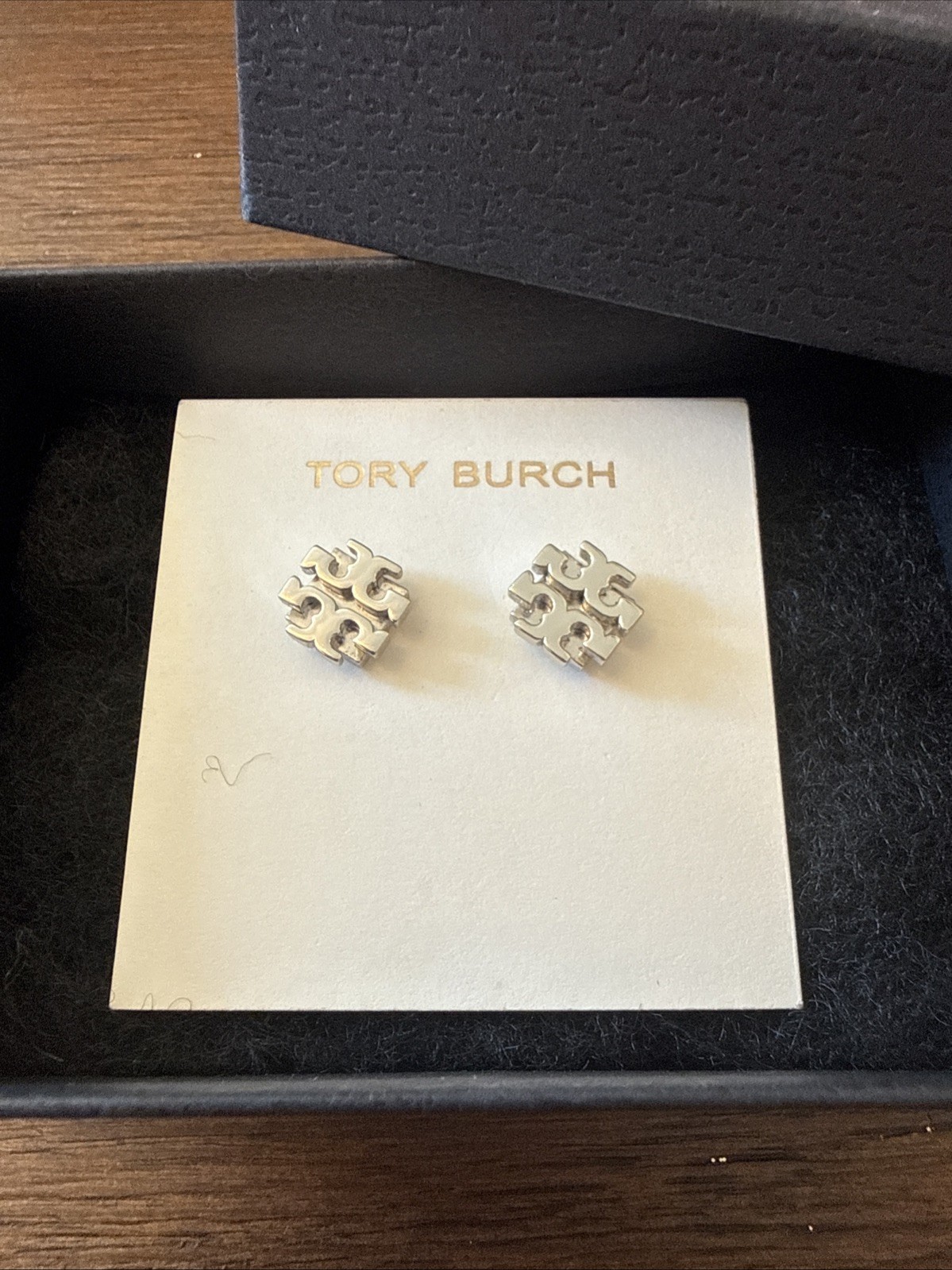 Tory Burch Silver Tone T Logo Stud Earrings Metal Butterfly Closure 53355 New