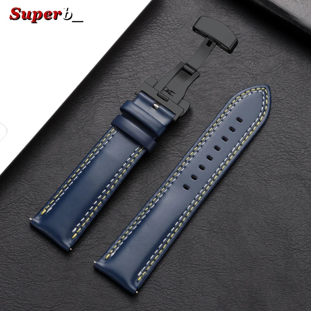 Genuine Calfskin Leather Watch Band 20mm 22mm 24mm Butterfly Buckle Strap
