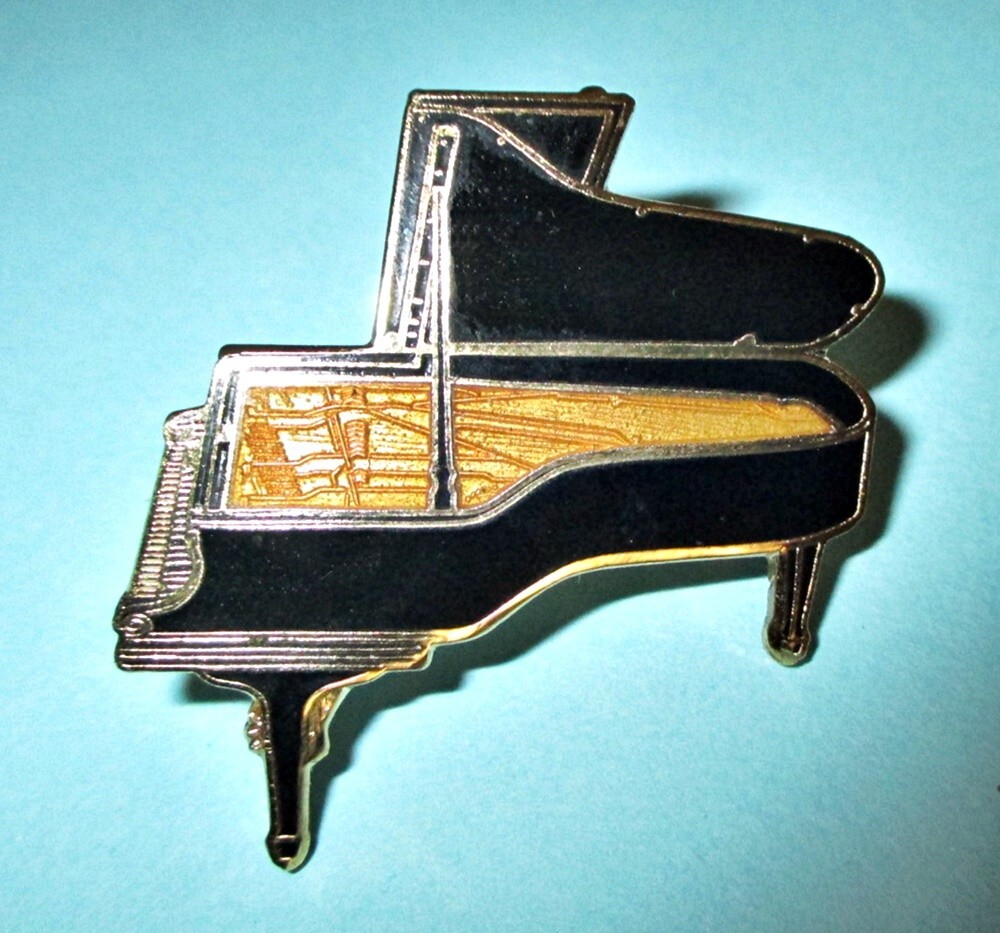 Black Enamel Open Grand Piano Lapel Pin Brooch Signed Future Primitive