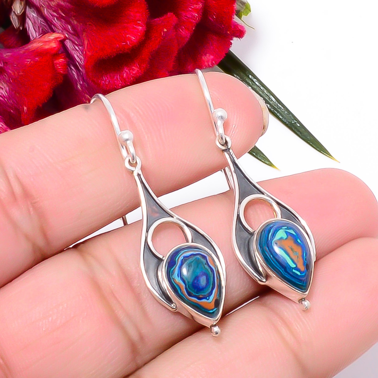 Blue Rainbow Calsilica Oxidised 925 Sterling Silver Handmade Earring 1.72″ Sku36