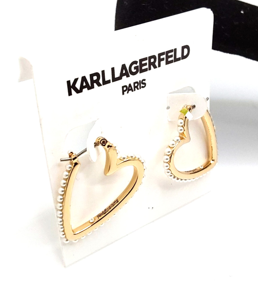 Karl Lagerfeld Paris Gold Heart Shaped Hoop Earrings Adorned With Faux Pearls