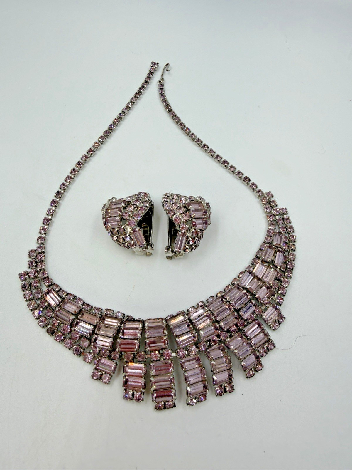 Vintage Necklace Light Purple Clip On Earrings Estate Lot Matching Baguette PJ