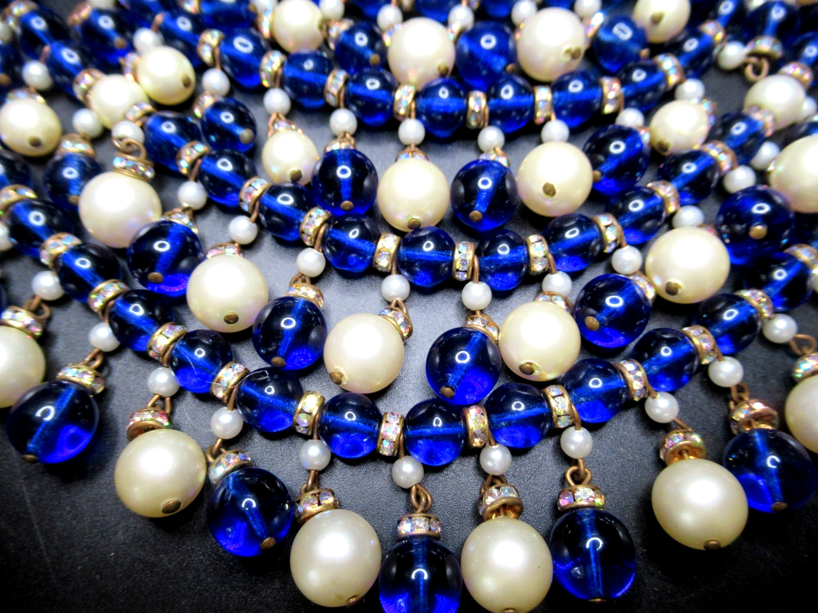 Amazing Cobalt Blue Glass Bead Faux Pearl Rhinestone Rondel Vintage Bib Necklace