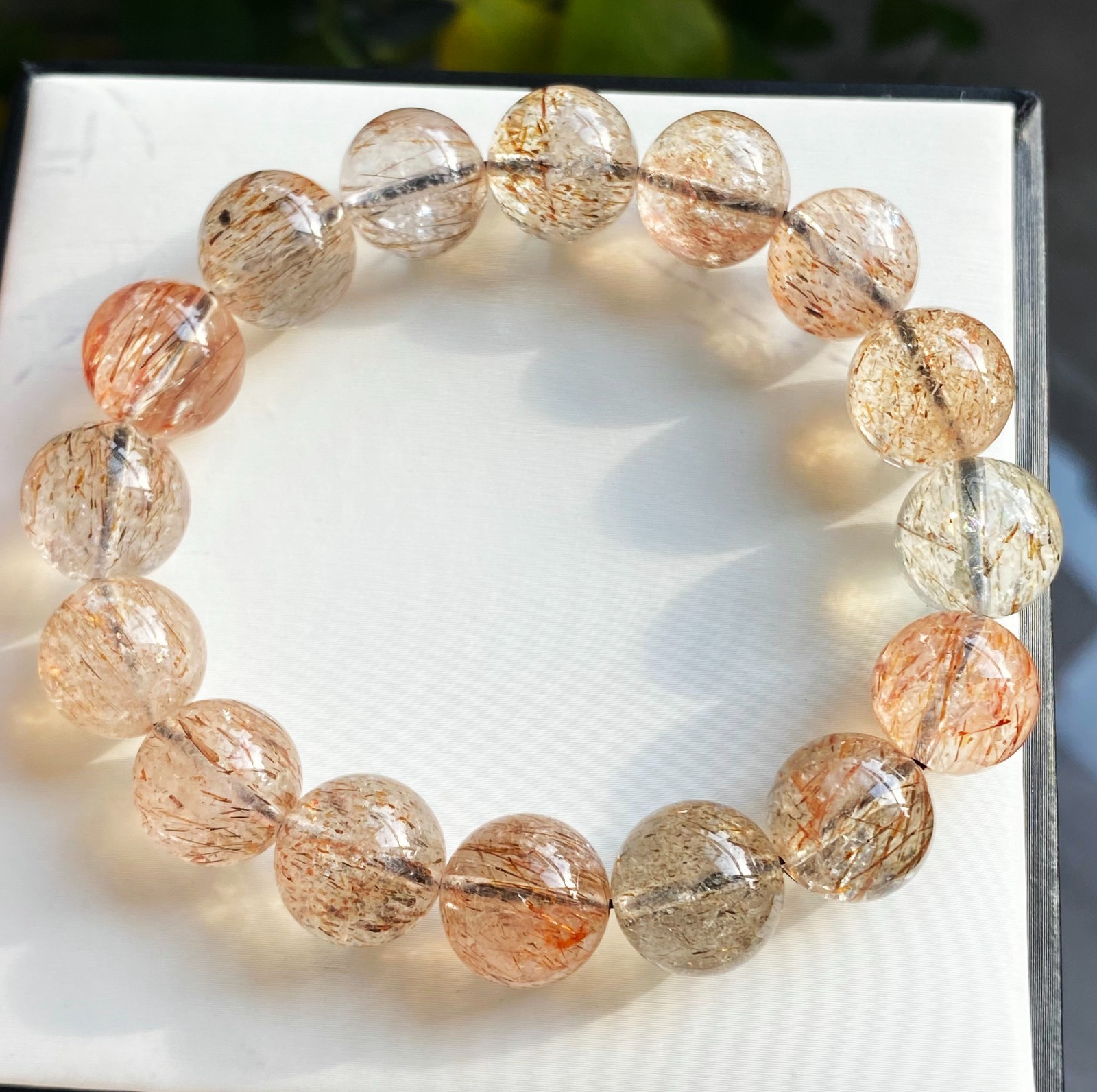 13-13.7mm Natural Black Gold Rutilated Super 7 Quartz Crystal Bracelet 2679