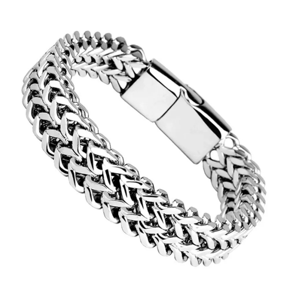 Double Row Stainless Steel Braided Bracelet with Magnetic Alloy Clasp for Men
