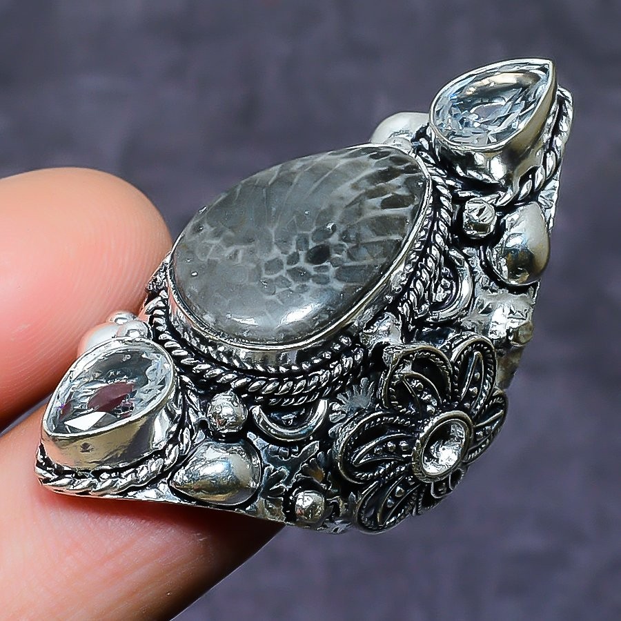 Stingrey Coral, Topaz Gemstone 925 Sterling Silver Jewelry Ring Size 7.5