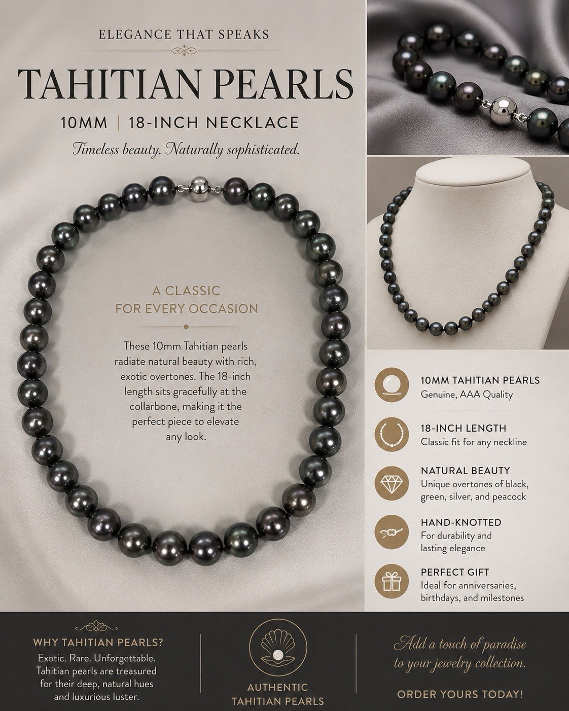 Hand-Knotted Cultured Tahitian Black Pearl Beaded Strand Necklace 18in 10mm