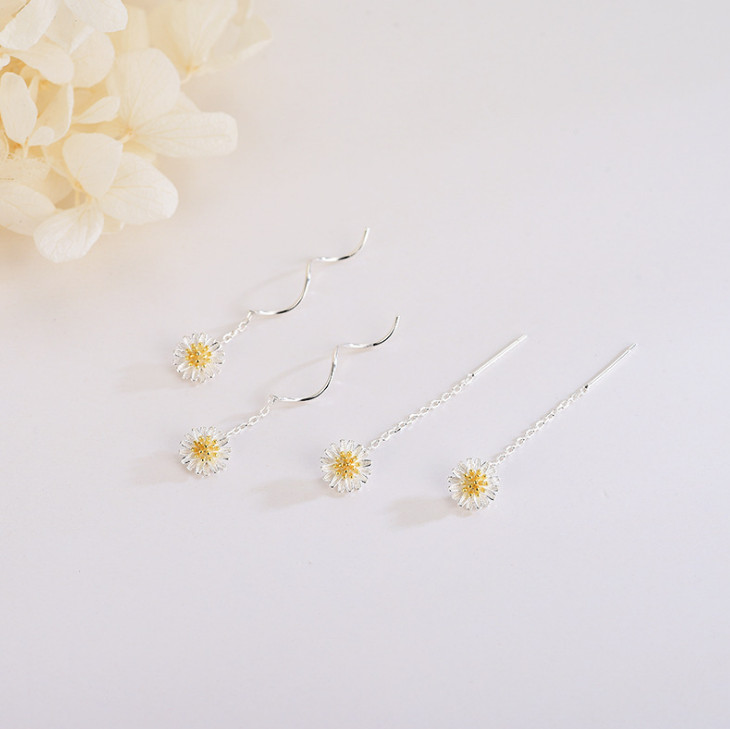 Sterling Silver Sun Flower Daisy Pull Through Wave Threader Stud Earrings PE47