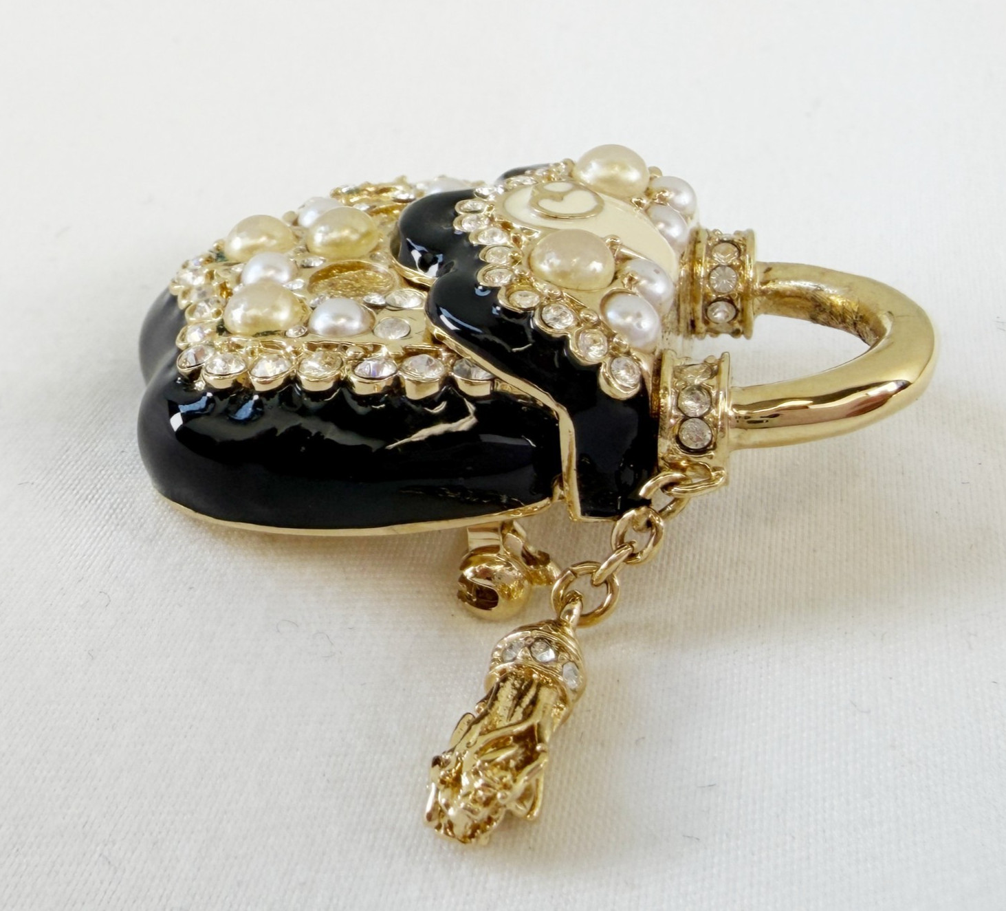 NEW ST. JOHN Handbag Brooch Black Enamel Pearl Crystals 24KGP Logo Pin Enhancer