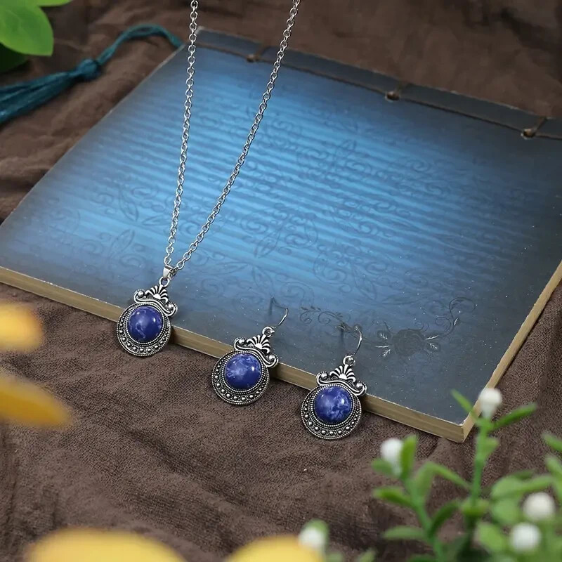 3pcs Earrings Plus Necklace Boho Style Jewelry Set Inlaid Natural Stone Delicate