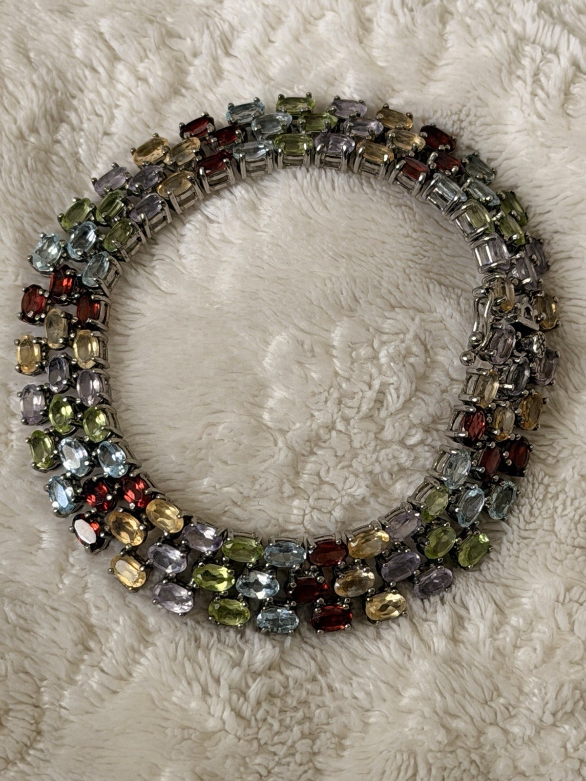 Sterling Silver 925 Multi Gemstone 3 Row Tennis Bracelet 7.25″ 21.44g Thai