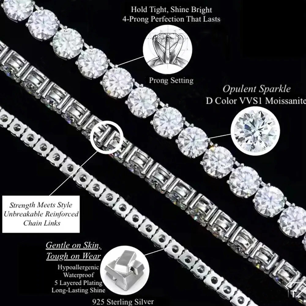 2-6.5mm D Exquisite Moissanite Tennis HipHop Bracelet S925 Silver Passes Tester！