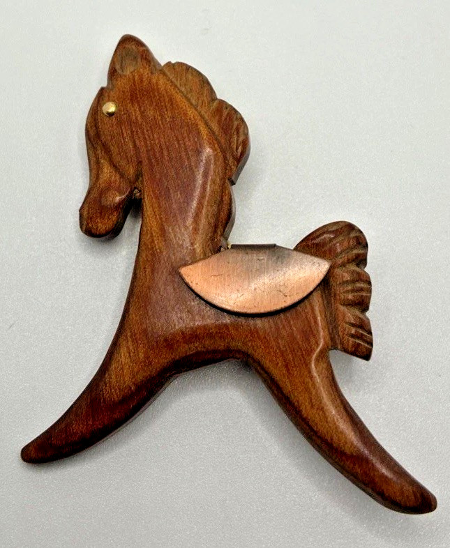 Vintage Pony Horse Brooch Hand Carved Copper Saddle Western Equestrian Pin