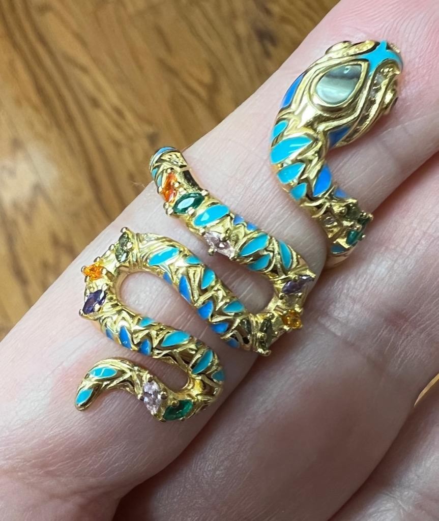 REAL Gemstones 14K Gold on SOLID 925 Snake Ring wrap Egyptian Rev Yellow gf