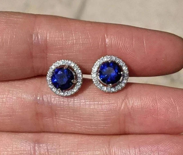 2Ct Round Lab Created Blue Sapphire Stud Earrings Womens 14K White Gold Plated