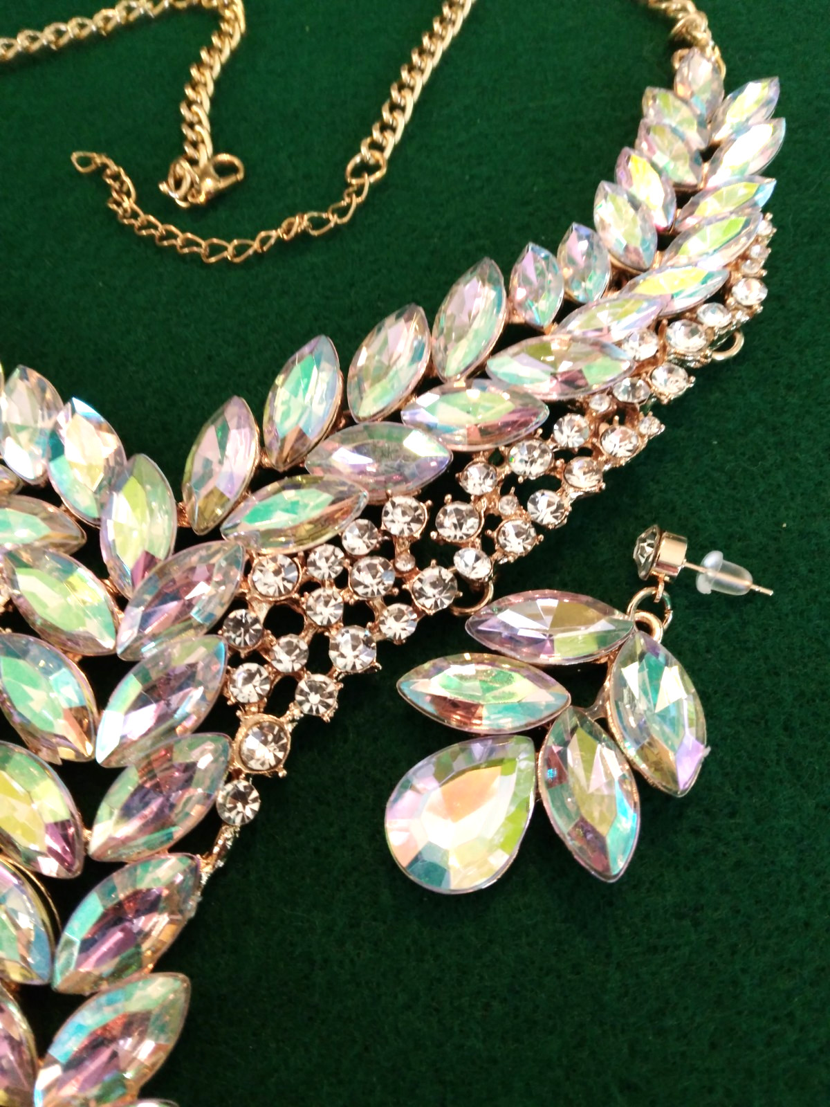 Contemporary Necklace Set Acrylic AB Marquis Stones Gold Tone Pierced Bridal