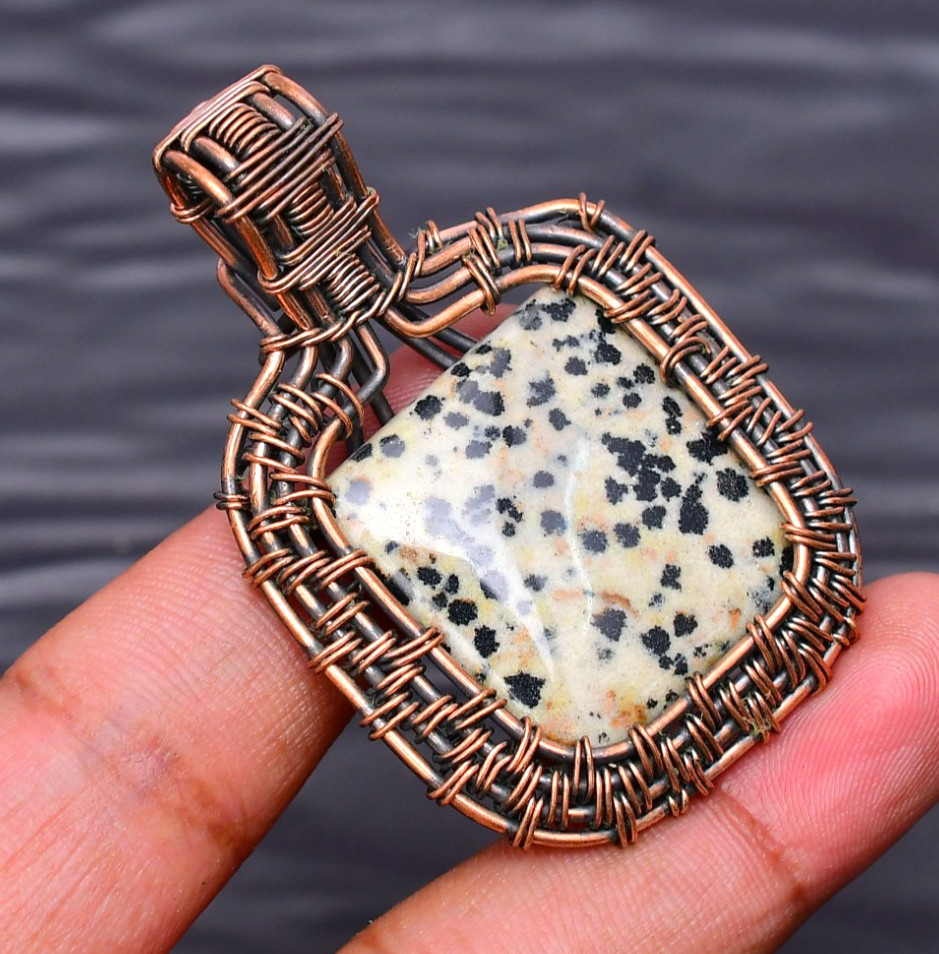 Dalmatian Jasper Gemstone copper wire wrapped Handmade pendant Jewelry 1.96″
