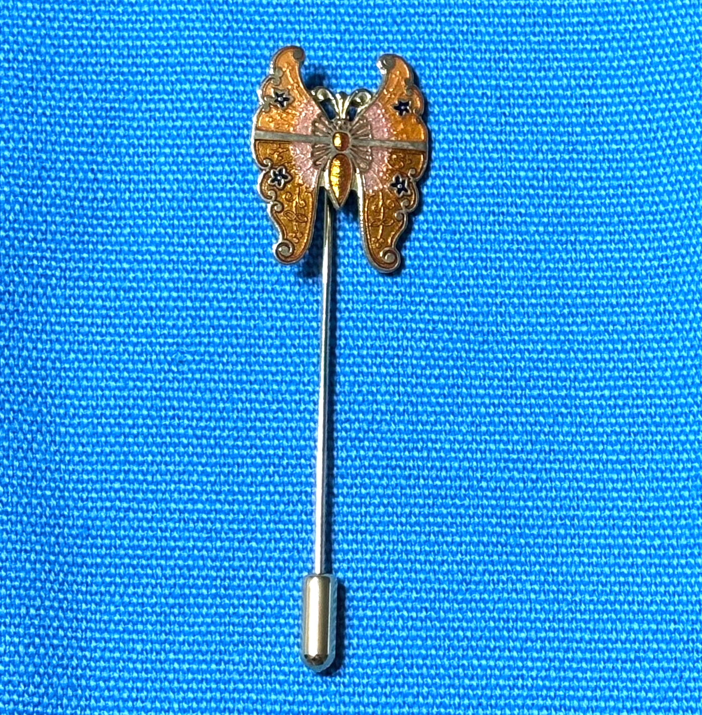 Butterfly Stickpin Lapel Pin Vtg Cloisonne Enamel Orange Pink Gold Tone 2.75″