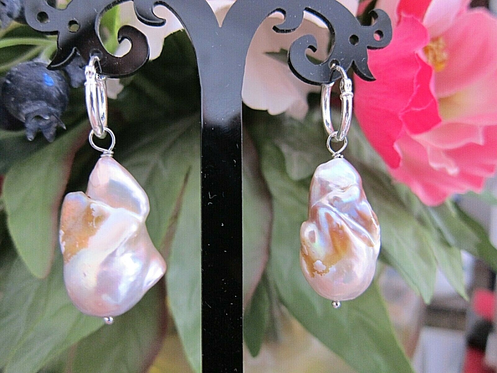 Huge Purple South Sea Keshi Reborn Pearl Drop Earrings on Silver Hoop 25 29mm.