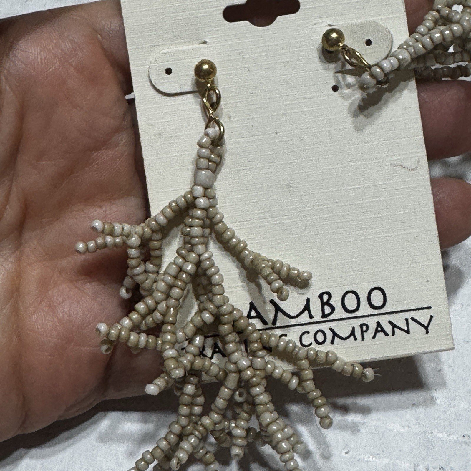 Bamboo Trading Co Handmade Seed Bead, Beige Earrings 3” Dangle Gold Coral Reef
