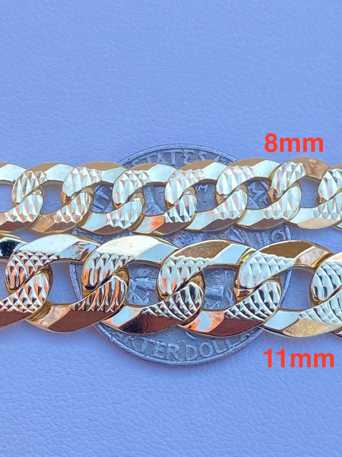 Cadena CUBANA De Plata De Ley 925 Bañada En Oro De 14K Corte Diamante de 4-11MM